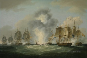 Buque de guerra Painting - Cuatro fragatas capturando barcos del tesoro español 1804 por Francis Sartorius Batallas navales